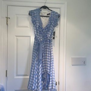 Adorable Tahiti white and sky blue check dress with belt at waist